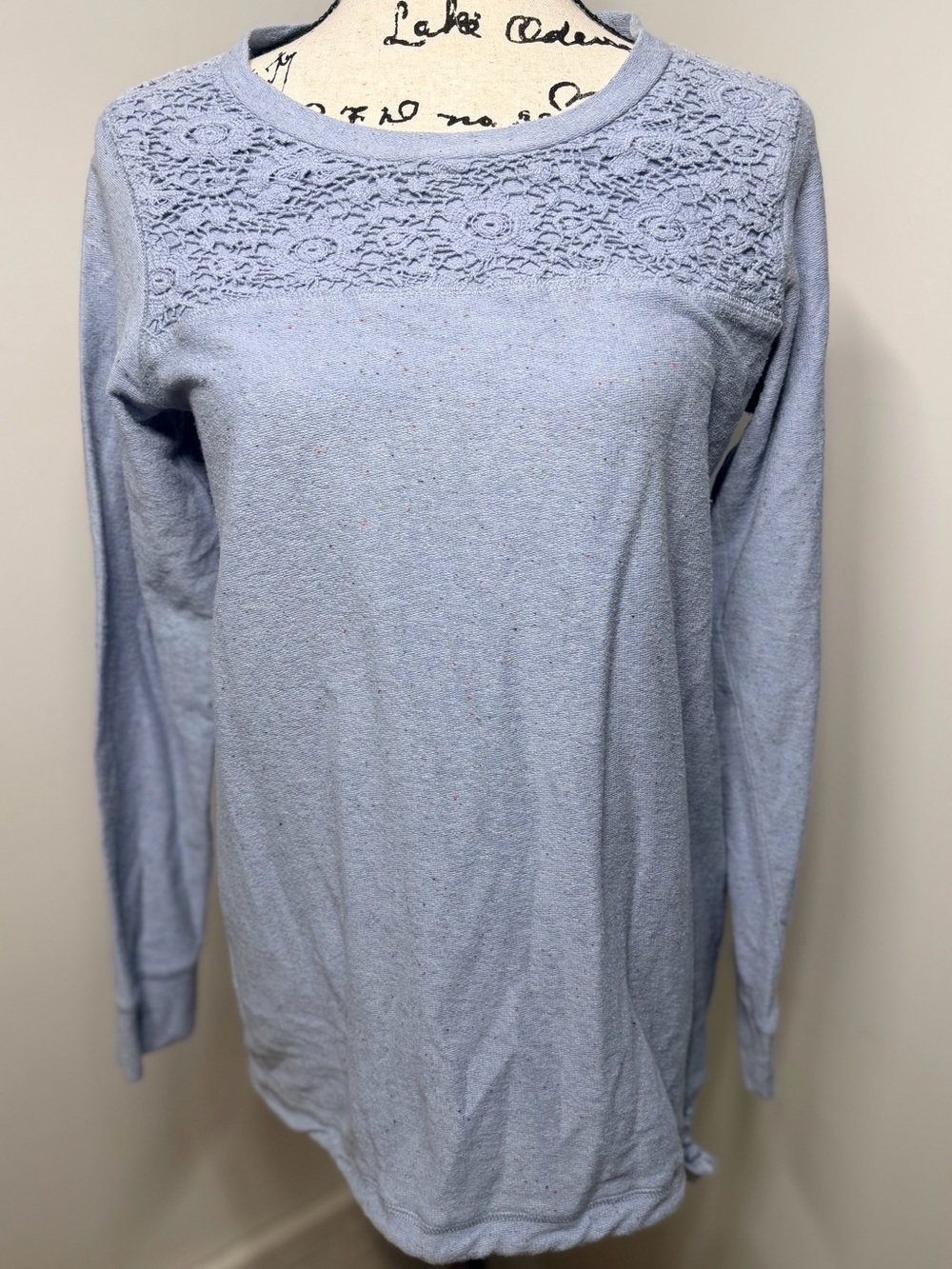 Ruff Hewn M Blue Crochet Lace Yoke Speckled Long Sleeve Tunic Top Boho Cottageco